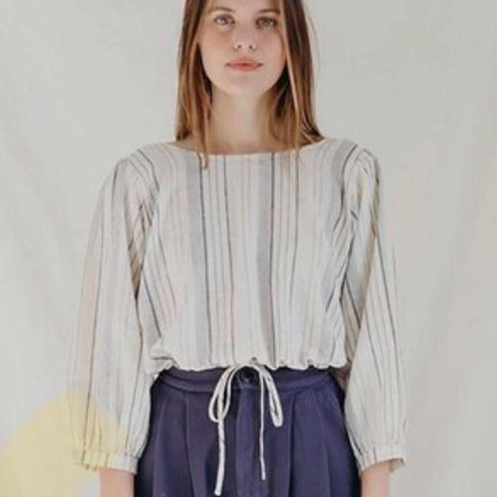 Striped Drawstring Waist Long-Sleeve Top - White/Blue